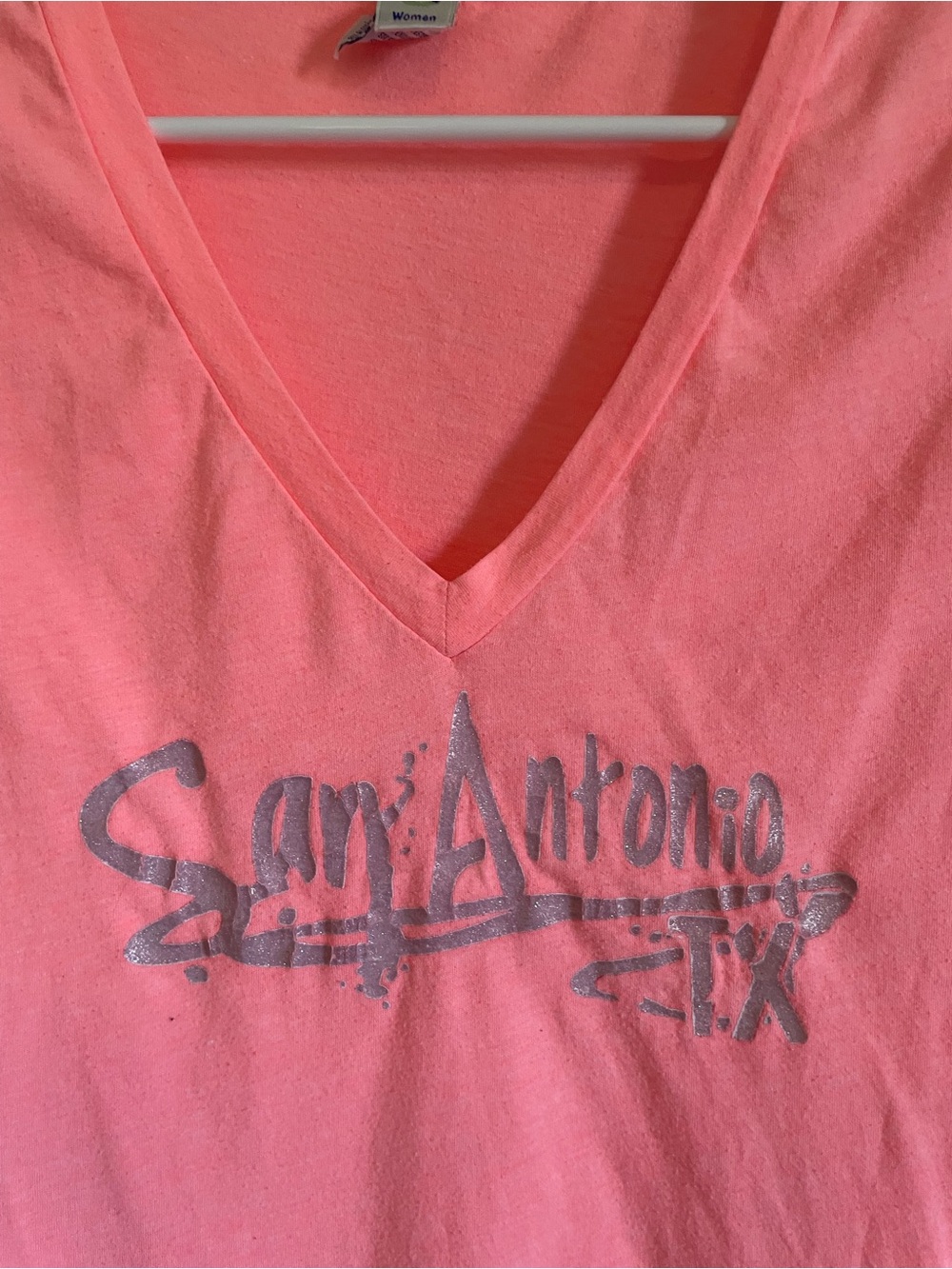 Kavio Coral Pink V-Neck San Antonio Metallic Graphic Tee
